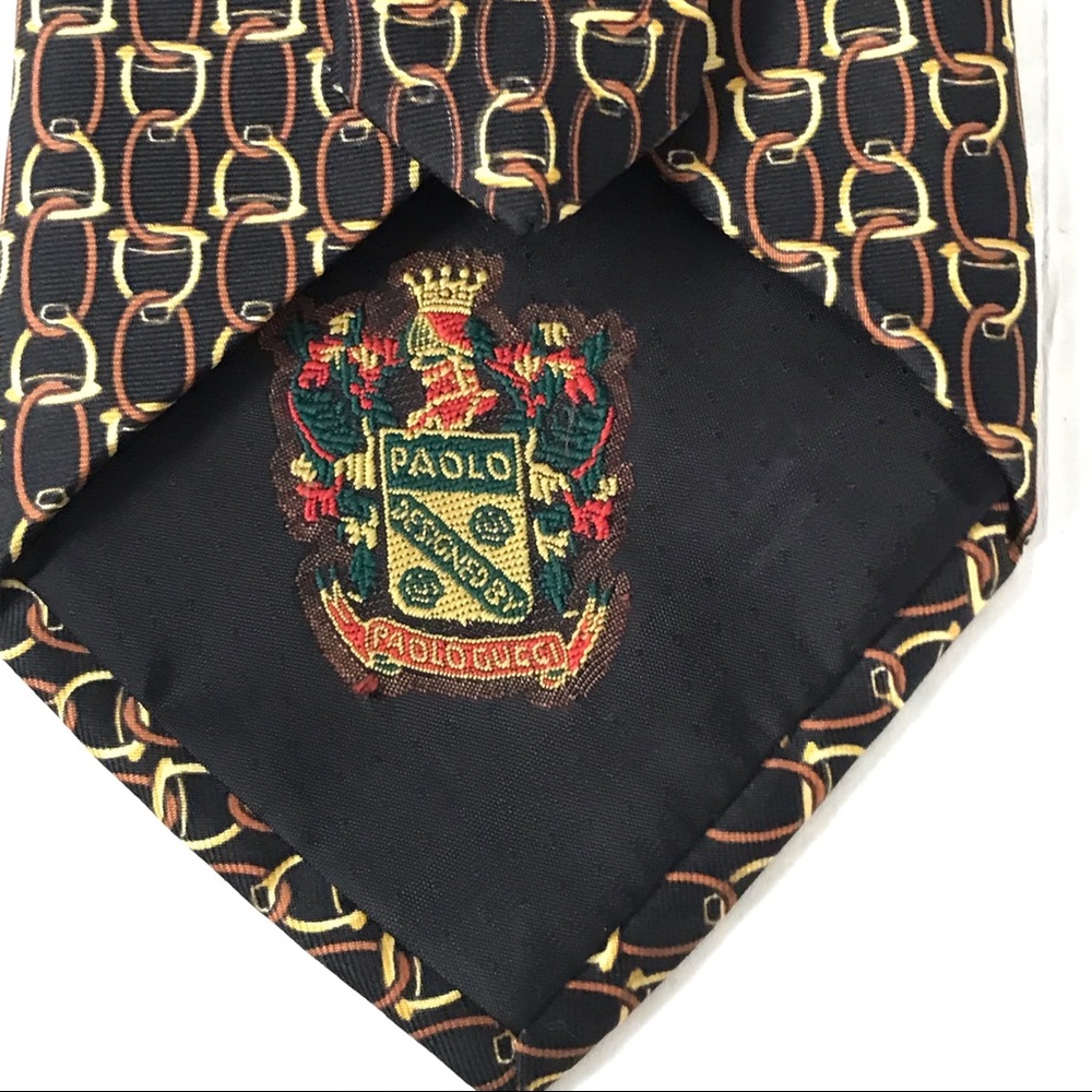 GUCCI Tie Silk Equestrian Luxury Handfinished Made in Italy Black Brown Gold 4”